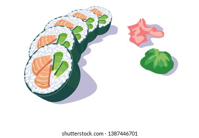avocado and salmon Sushi restaurant plate with chopsticks soy sauce wasabi and ginger