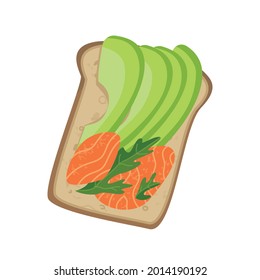 Avocado salmon toast. Delicious sandwich made of fresh spelt toasted bread with slices of avocado and smoked lox. Sesame seeds, seasoning and dill. Healthy breakfast. Hand drawn vector illustration.