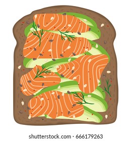 Avocado salmon toast. Delicious sandwich made of fresh spelt toasted bread with slices of avocado and smoked lox. Sesame seeds, seasoning and dill. Healthy breakfast. Hand drawn vector illustration. 
