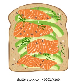 Avocado salmon toast. Delicious sandwich made of fresh spelt toasted bread with slices of avocado and smoked lox. Sesame seeds, seasoning and dill. Healthy breakfast. Hand drawn vector illustration. 