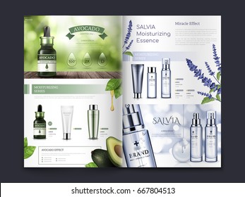 avocado and salvia themed cosmetic brochure design, can also be used on catalogs or magazines, 3d illustration