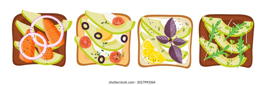 Avocado Sandwich set. Healthy snack. Toasts with different healthy ingredients vector flat isolated on white. For menu, cafe, restaurant, poster, banner, emblem, sticker. Healthy eating recipe.