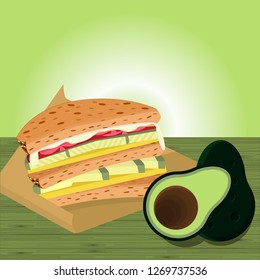 Avocado sandwich whit mashed avocado and Fresh avocado flat style, Vector illustration.