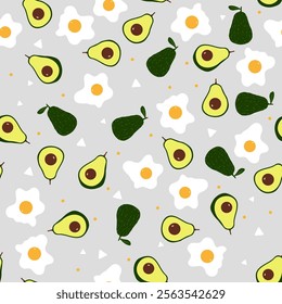 Avocado and scrambled eggs. Seamless print for fabric, clothing, packaging. Vector.