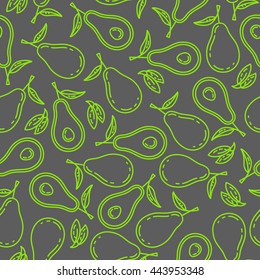 Avocado seamless green pattern. Tropic exotic fruit. Health food, fabric wallpaper textile print sticker. Organic flat plane actual summer market and  restaurant cafe cuisine. Tasty menu element