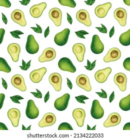 Avocado avocado seamless pattern. Background with avocado, avocado halves and leaves
