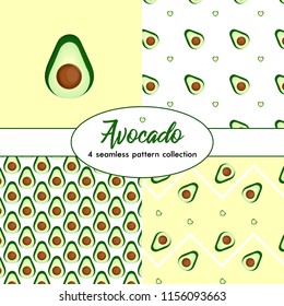 Avocado seamless pattern collection of 4 on yellow and white backgrounds. Scrapbook set paper layout. Vector illustration eps 10. 