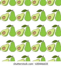  Avocado seamless pattern in color. Whole avocado, sliced pieces, half, leaf and seed sketch. Vintage hand drawn sketch illustration. Linear graphic, line art.
