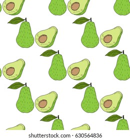 Avocado seamless pattern in color. Whole avocado, sliced pieces, half, leaf and seed sketch. Vintage hand drawn sketch illustration. Linear graphic, line art.