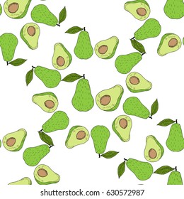 Avocado seamless pattern in color. Whole avocado, sliced pieces, half, leaf and seed sketch. Vintage hand drawn sketch illustration. Linear graphic, line art.