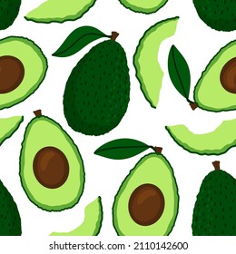 Patrón de aguacate sin fisuras. Aguacate, cortado por la mitad, trozo de fruta y hueso en forma de caricatura. Frutas exóticas de verano. Patrón de aguacate sobre fondo blanco. Ilustración vectorial. Diseño para textiles, afiche.