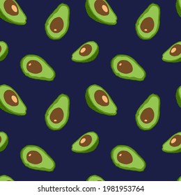 Avocado seamless pattern. Dark organic background. Vector illustration.