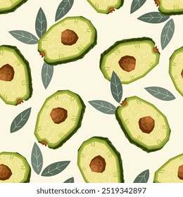 Avocado seamless pattern design with fruits and leaves. Avocado pattern for food packaging and kitchen prints, cosmetics, hand drawn simple style vector illustration.