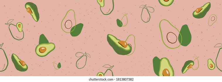 Avocado seamless pattern. Digital sliced avocado on pink background, flat lay, fresh, raw, vegan, vegetarian texture. Repeating Vector doodle design.