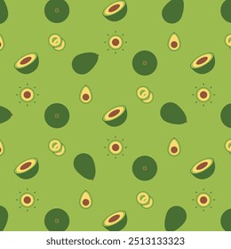 Avocado seamless pattern, Farm fresh Avocado product emblem for grocery shop, Slides, long and cross sections, and different positions, simple flat vector illustration of vegetables and fruits.