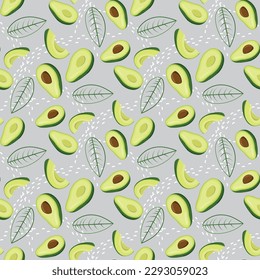 avocado seamless pattern, fruits, slices, leaves, cute exotic healthy product. Illustration for postcard banner background, sites.