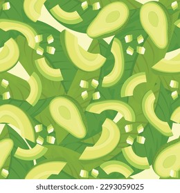 aguacate patrón sin fisuras, frutas, rodajas, hojas, producto sano exótico lindo. Ilustración para el fondo de la pancarta postal, sitios.