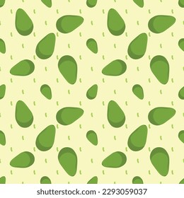 avocado seamless pattern, fruits, slices, leaves, cute exotic healthy product. Illustration for postcard banner background, sites.