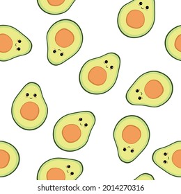 avocado seamless pattern, funny kawaii character smiling, green fruit on a white background