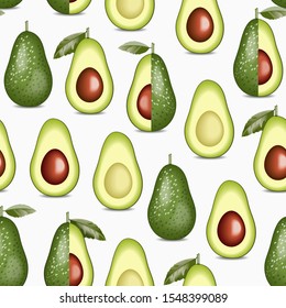 Avocado seamless pattern. Green fresh plant, vegetarian product. Healthy detox food. Fruit print, tropical background. Vector illustration.