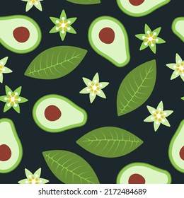 Patrón de aguacate sin fisuras. Frutas verdes, hojas, flores tropicales. Impresión de comida orgánica natural para menú, papel pintado de cocina, decoración de casa, papel de envoltura, tela. Estilo plano dibujado a mano. Ilustración del vector