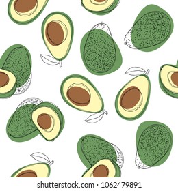 Avocado seamless pattern. Hand draw vector illustration on isolated white background