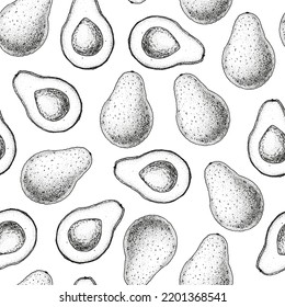 Avocado seamless pattern. Hand drawn background. Vector illustration. Hand drawing sketch illustration.  Avocado vegetable hand drawn backdrop. 