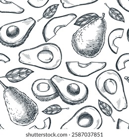 Avocado seamless pattern. Hand drawn sketch vector illustration. Food vegetarian organic products background. Fabric design, wrapping paper, textile print