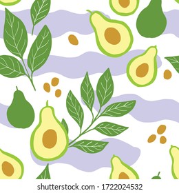 Avocado seamless pattern with leafs, seeds and waves . Organic healthy fruit texture in green, yellow and violet colours. Vegetarian background for linen, wrapping paper etc. Vector art for print.