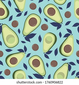 Avocado seamless pattern with leaves. Pastel blue background