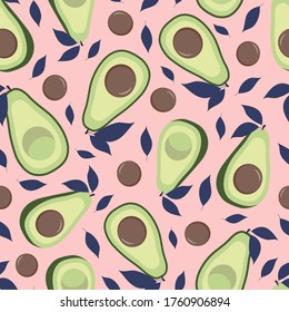 Avocado seamless pattern with leaves. Pink background