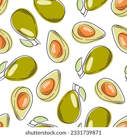 Avocado seamless pattern line art, flat style. Avocado one cut in half with bone on a white background.