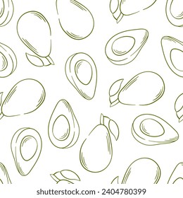 Avocado seamless pattern in line art style. Monochrome hand drawn design for package, textile, food shop, menu. Vector illustration on a white background.