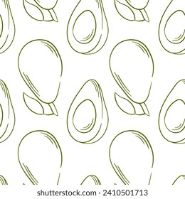 Avocado seamless pattern in line art style. Design for textile, package, wrapping paper. Vector illustration on a white background.