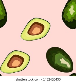 Avocado seamless pattern on background. Whole and cut avocado