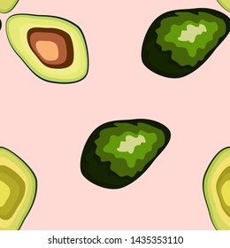 Avocado seamless pattern on background. Whole and cut avocado