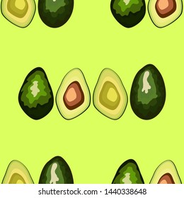 Avocado seamless pattern on background. Whole and cut avocado