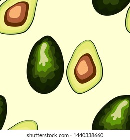 Avocado seamless pattern on background. Whole and cut avocado