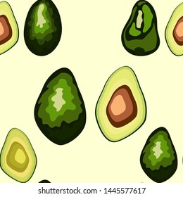 Avocado seamless pattern on background. Whole and cut avocado