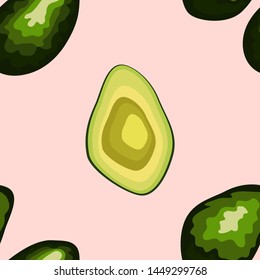 Avocado seamless pattern on background. Whole and cut avocado