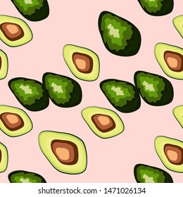 Avocado seamless pattern on background. Whole and cut avocado