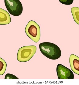 Avocado seamless pattern on background. Whole and cut avocado