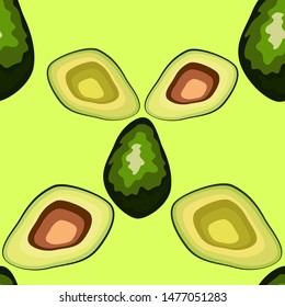 Avocado seamless pattern on background. Whole and cut avocado