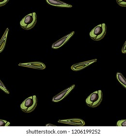 Avocado seamless pattern on black background. Vector illustration for ads, menu and web banner designs. Organic and healthy food concept.