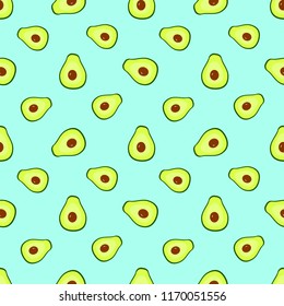 Avocado seamless pattern on blue background, wallpaper with cut in half.
