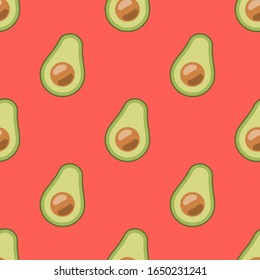Avocado seamless pattern on a bright coral background. Flat cartoon style. Minimalist, simple. Can be used as a wallpaper, wrapping paper, textile print etc. Vector illustration.