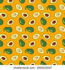 Patrón aguacate sin fisuras sobre un fondo de color en el estilo de verano. Agradable, minimalista, sencillo. Se puede utilizar como papel de pared, papel envolvente, papel textil, etc. Ilustración vectorial.
