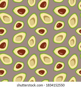 Avocado nahtloses Muster auf Farbhintergrund im Sommerstil. Geräumig, minimalistisch, einfach. Kann als Bildschirmhintergrund, Wickelpapier, Stoffdruck usw. verwendet werden. Vektorgrafik.
