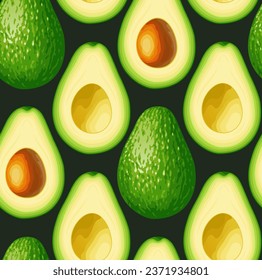 Avocado. Nahtlose Avocado-Muster auf dunklem Hintergrund. Ganzes und geschnittenes Avocado. Das Design eignet sich hervorragend für Tapeten, Stoffe, Etiketten, Verpackungen.