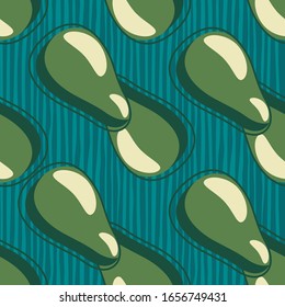 Patrón aguacate sin fisuras sobre fondo de rayas verdes. Diseño de tejidos, tejidos textiles, papel de envolver, productos textiles de cocina. Ilustración del vector